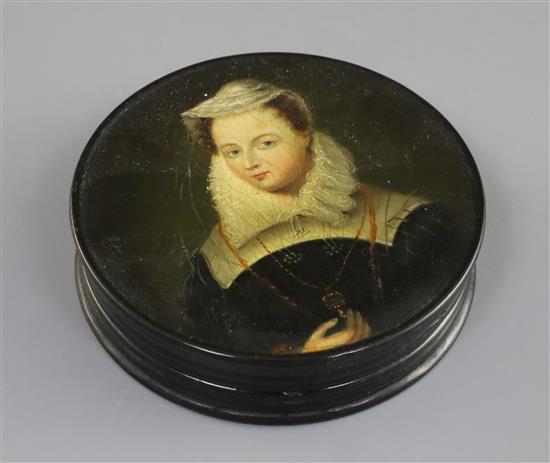 A Stobwasser style papier mache snuff box, 3.75in.